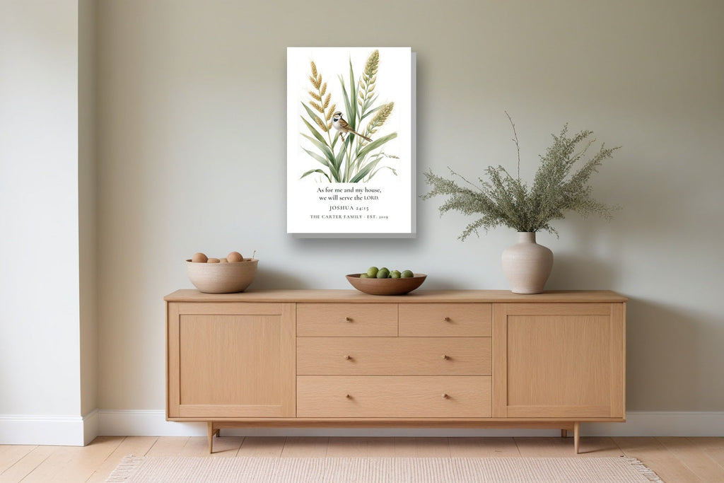 As for Me and My House Canvas, Personalized shown in a dining room, to scale, 16 x 24 in