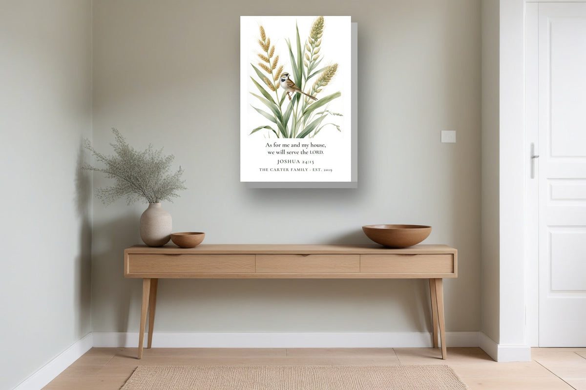 As for Me and My House Canvas, Personalized shown in an entryway, to scale, 12 x 18 in