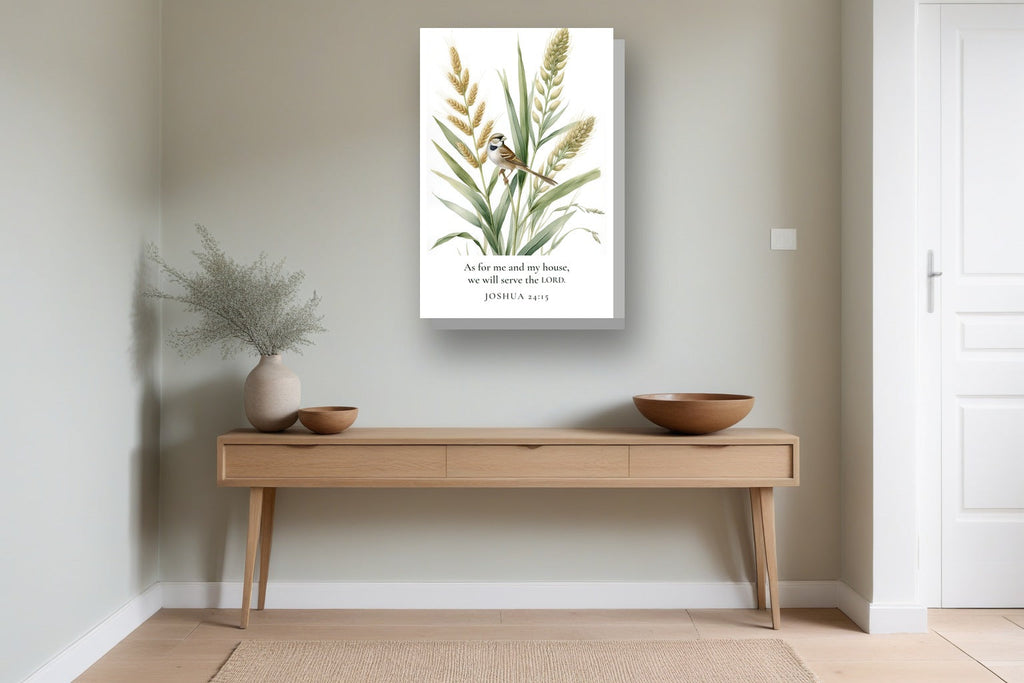 As for Me and My House Canvas shown in an entryway, to scale, 12 x 18 in