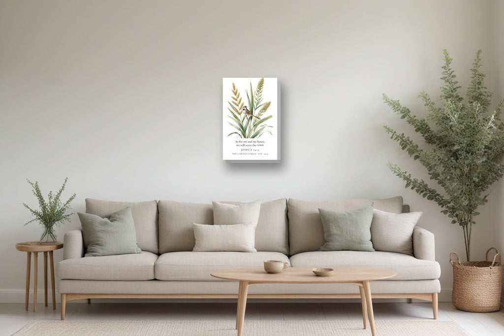 As for Me and My House Canvas, Personalized shown in a living room, to scale, 12 x 18 in