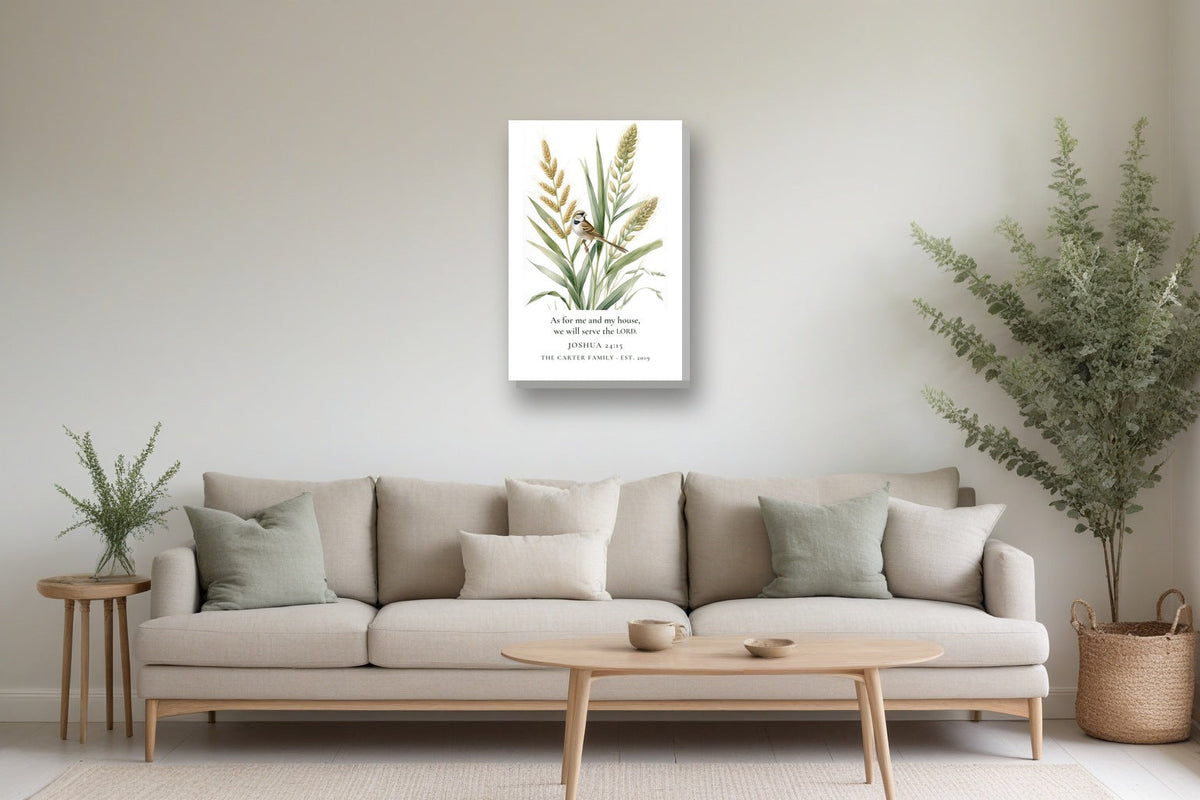 As for Me and My House Canvas, Personalized shown in a living room, to scale, 16 x 24 in
