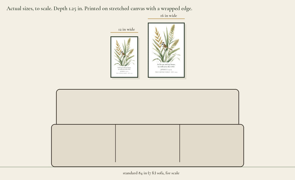 As for Me and My House Canvas, Personalized: both sizes to scale above a standard 84 in sofa