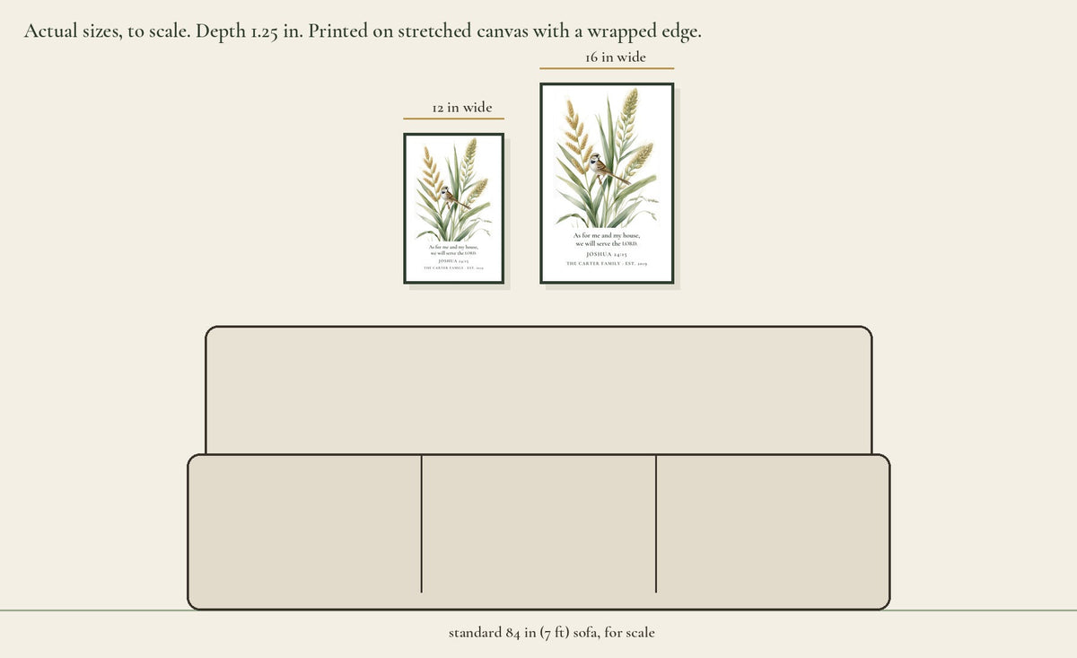 As for Me and My House Canvas, Personalized: both sizes to scale above a standard 84 in sofa